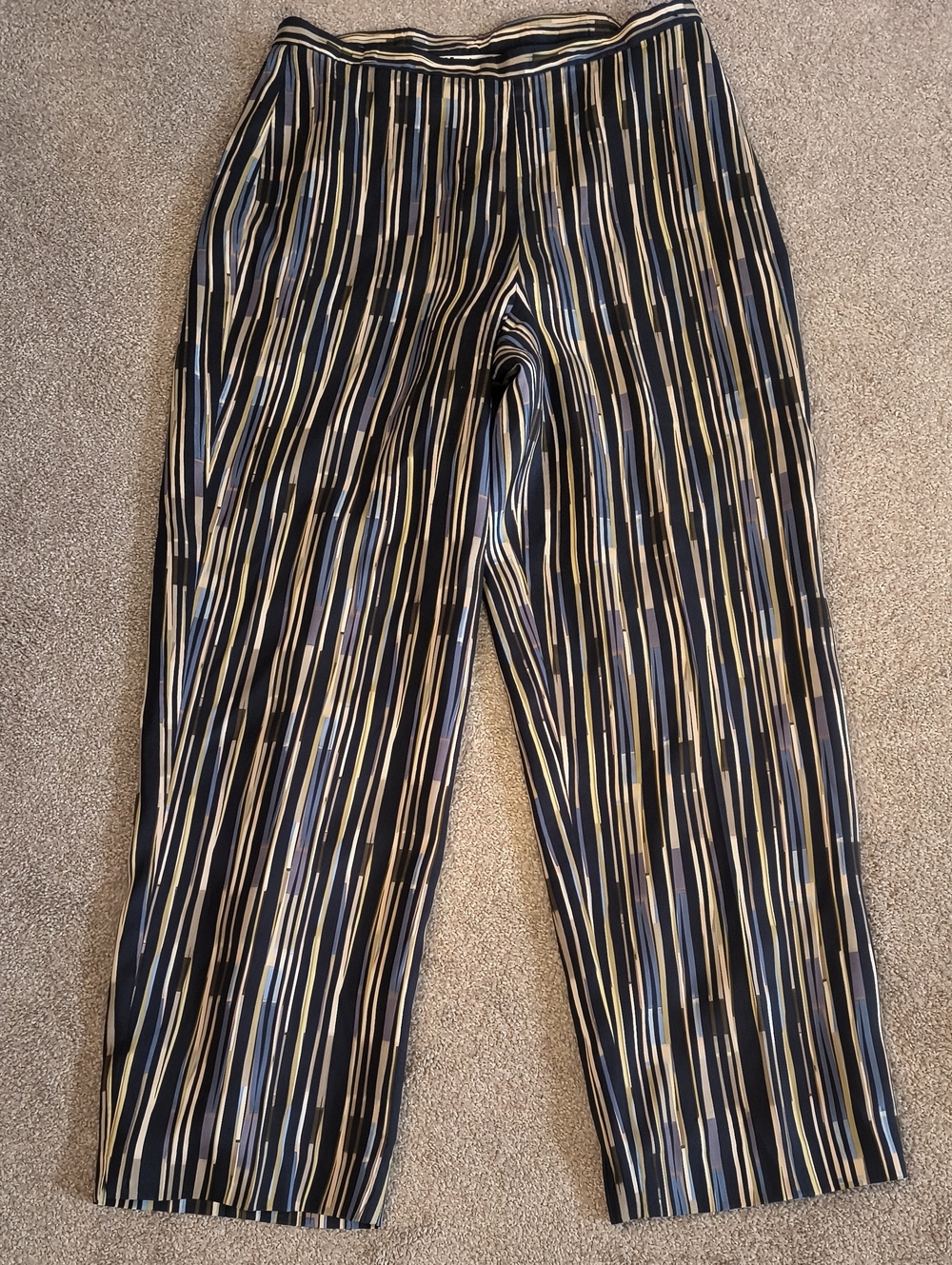 Nygard Collection Striped Wide-Leg Trousers in Black, Cream, Blue. 100% Silk 12
